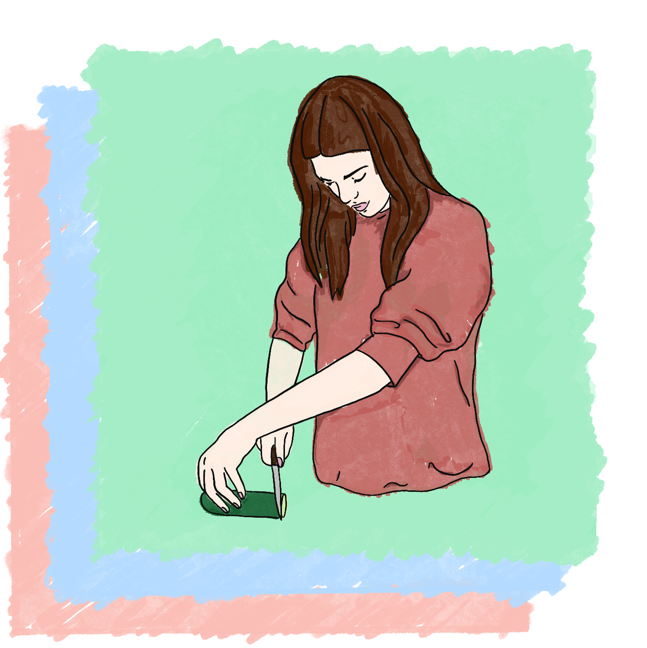 Kendall Jenner cutting a cucumber, illustrated